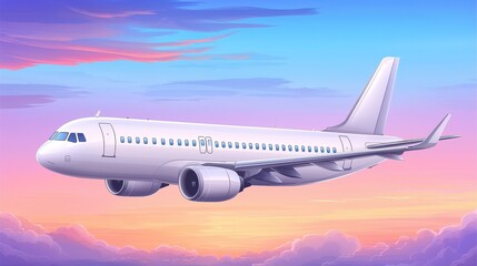 Fototapeta premium Sleek Airplane Gliding Through Colorful Sunset Sky Above Clouds