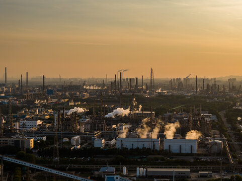 Aerial view of twilight of oil refinery 
