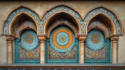 Obraz premium Ornate Mosaic Archway Wall Detail Featuring Colorful Tiles