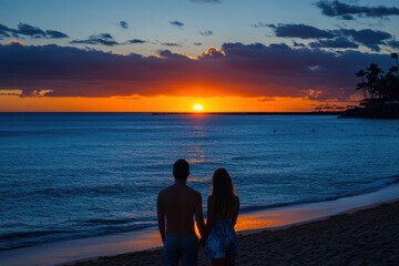 Fototapeta premium Couple enjoys a romantic sunset on a tranquil beach