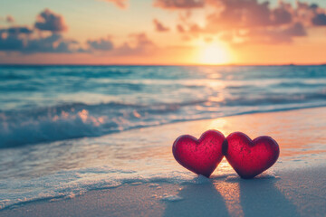 Fototapeta premium A shiny red heart-shaped object on the beach, surrounded by gentle waves and a beautiful sunset in the background.