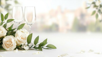 Elegant Wedding Setting with Roses and Champagne Glasses in Soft Focus