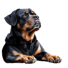 Obraz premium Loyal Rottweiler laying calmly with attentive gaze