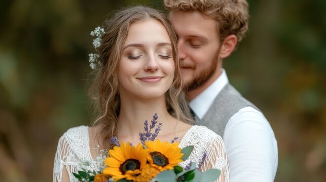 boho floral wall dcor, boho bridal bouquets with sunflowers, dried lavender, and greenery in a macrame wall hanging, enhancing wedding decor