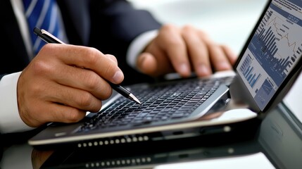 Obraz premium A businessman holding a pen and reviewing business statistics on a laptop screen on a white background