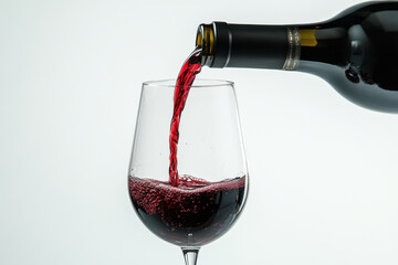 A bottle of red wine pours into a glass, creating a cascade of bubbles and vibrant color against a white background.