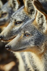 Two gray and brown foxes in a close-up shot