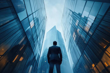 A businessman stands between towering glass buildings, looking upward, symbolizing ambition and determination in the corporate world.