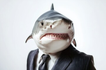 A close-up shot of a shark wearing a suit and tie, ready for business