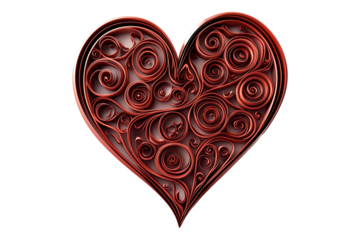Red heart with detailed swirling patterns, crafted in an intricate style, isolated on white transparent background, symbolizing love on Valentine Day