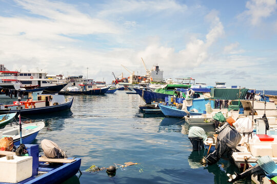 Vibrant Fishing Harbor with Colorful Boats in Male, Maldives 