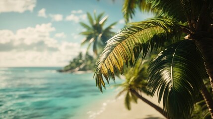 A serene coastal scene featuring palm trees and a body of water