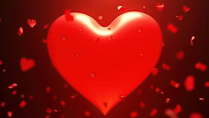 Bright red heart, with soft, gentle curves and a subtle sheen, set against a blurred, dark red background teeming with swirling confetti and tiny, delicate hearts, evoking a sense of joyous celebratio