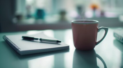 steaming pink mug next to spiral notebook with black pen on smooth white surface in soft morning light copyspace concept of lifestyle, writing, marketing