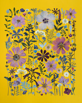 Eye-catching yellow compositions with pressed flowers