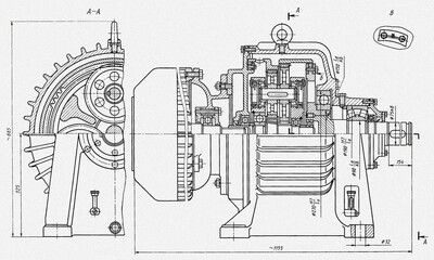 Engineering mechanical pencil drawing of steel device
(reducer, gearbox, engine)
with dimension lines. Industrial 
cad scheme on white paper sheet. Technology background
of machine building industry. 