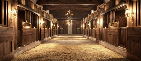 Empty horse stable interior with hay on the floor.