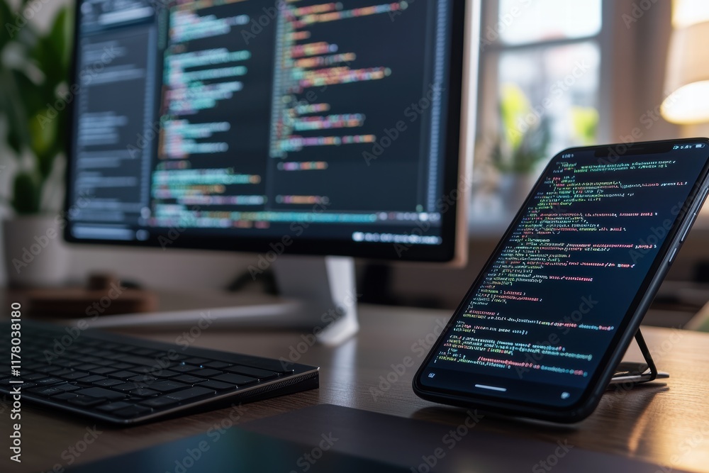 Poster close-up of a smartphone displaying code on a modern desktop with a computer screen
