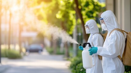 De- focused pandemic health worker team disinfecting public spaces for disease control and prevention outdoors