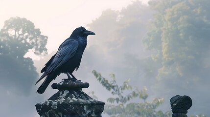 A crow with glossy black feathers sitting on a weathered stone statue, with a misty morning sky in the background.