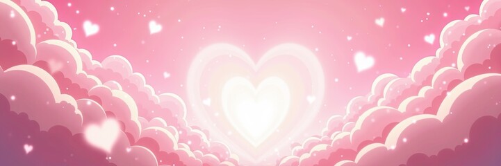 Dreamy Pink Cloudscape with Shining Heart for Valentine,s Day Background