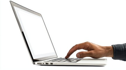 A person clicking on a banner advertisement on a laptop screen on a white isolated background
