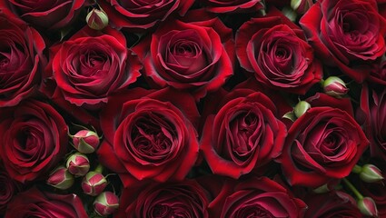 An aerial view of vibrant red roses, with rich, velvety petals and soft curves. The flowers are elegantly arranged, showcasing their deep color and luxurious texture, evoking romance and passion.