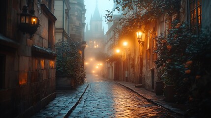 Fototapeta premium Foggy Cobblestone Street With Glowing Lights At Dusk