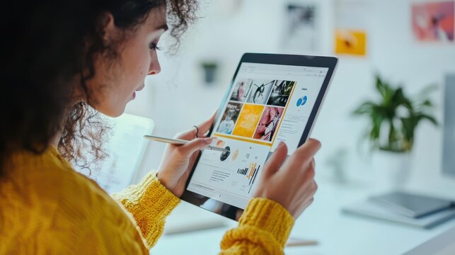 A businesswoman reviewing ad designs on a digital tablet with creative advertisements on a white isolated background