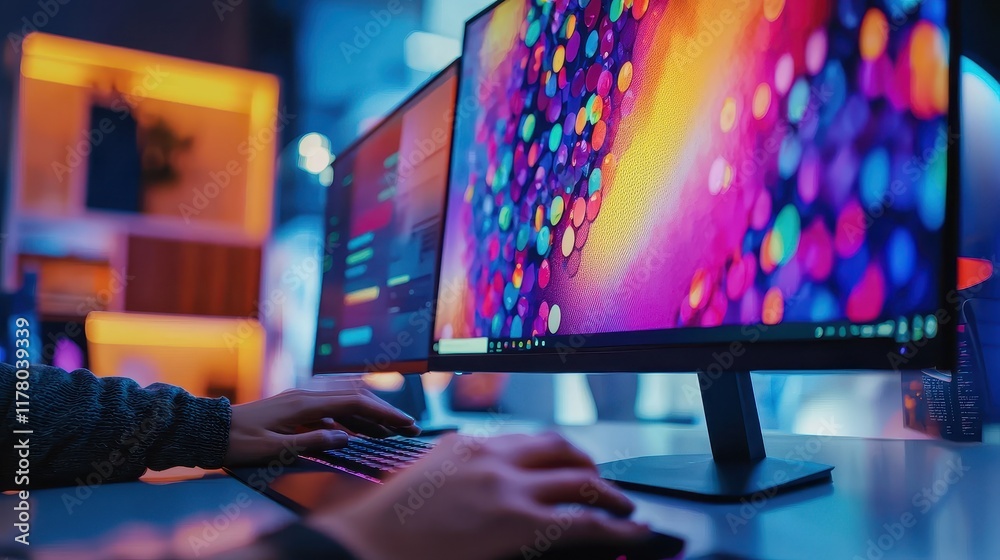 Poster a close-up of a person creating a banner advertisement on a computer with vibrant colors and text on