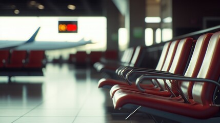 Row of chairs in airport waiting area, empty and unused
