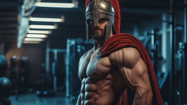 ancient spartan warrior soldier doing bodybuilding workout in modern fitness gym