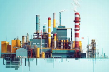 Obraz premium Industrial complex with colorful smokestacks and modern architecture in a sunny environment