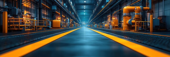 Fototapeta premium Industrial warehouse interior with illuminated machinery and equipment during nighttime