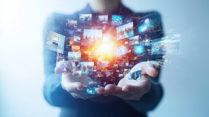 A marketing expert creating a new advertisement with visual content, including images and text, on a  background