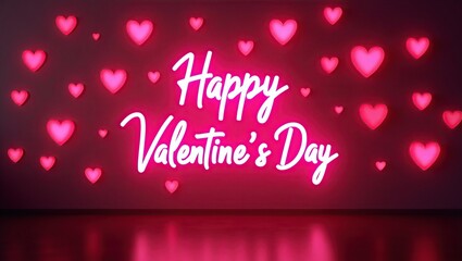 Neon sign with a bold, cursive font and a template decoration, featuring a plethora of hearts in various sizes and shapes, covering the entire wall background, creating a surreal and dreamlike atmosph