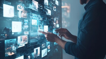 A marketing expert creating a new advertisement with visual content, including images and text, on a  background