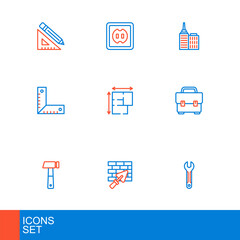 Set line Wrench spanner, Brick wall with trowel, Hammer, Toolbox, Corner ruler, House plan, City landscape and Electrical outlet icon. Vector