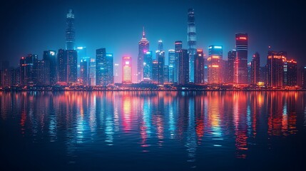 Fototapeta premium Nighttime Cityscape Reflecting In Water Showing Vibrant Lights