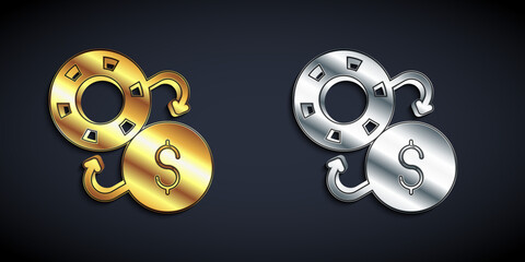 Gold and silver Casino chips exchange on dollar icon isolated on black background. Long shadow style. Vector