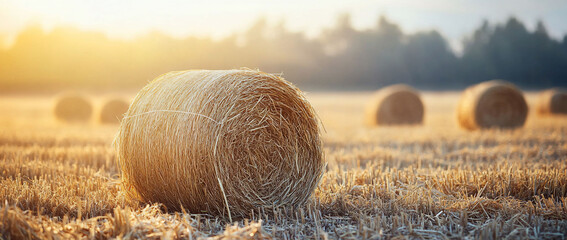 Golden hay bales in a sunlit field at sunrise.