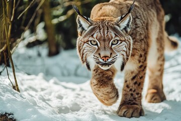Obraz premium Close-up shot of a lynx walking through deep snow