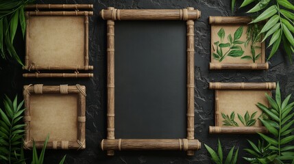 Realistic set of bamboo wood and paper signboards with tropical green leaves isolated on black background. Vector illustration of announcement, menu, map, information board templates for game ui