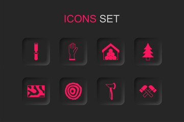 Set Tree rings, Protective gloves, Chisel tool, Wooden axe, Crossed hammer, logs and beam icon. Vector