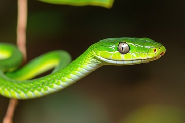 Fototapeta premium A close-up shot of a green snake resting on a branch, suitable for use in wildlife or nature-themed images