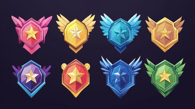 Medal and badge with star and wings for game ui level rank design. Cartoon vector illustration set of various colorful hexagon gui award labels and trophy for achievement. Medieval reward emblem.