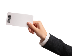 Cutout image of a hand holding a ticket, flyer, or other small paper item.
