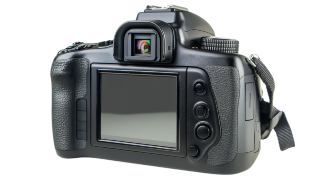 Professional digital photo camera, isolated on transparent background
