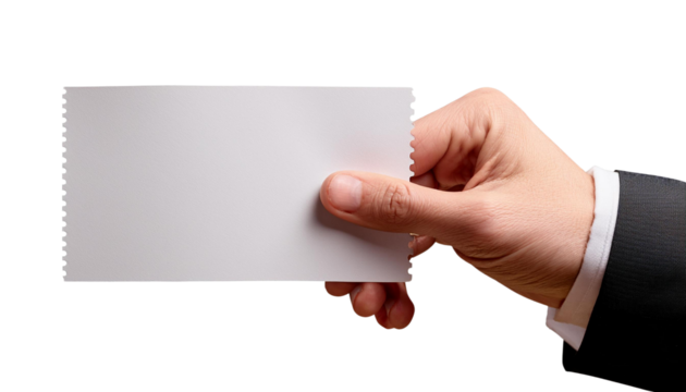 Cutout image of a hand holding a ticket, flyer, or other small paper item.