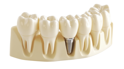 Realistic dental implant model showcasing molar tooth, isolated on transparent background